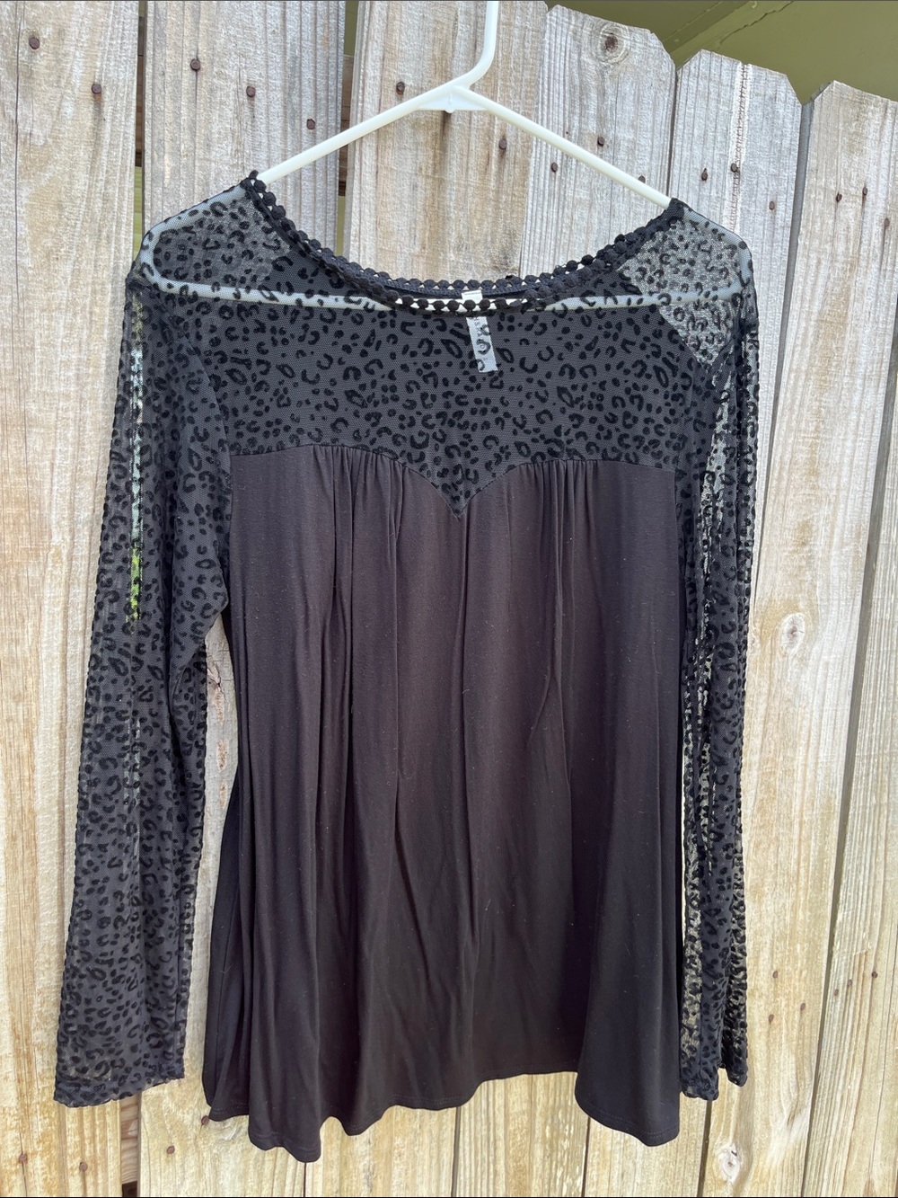 Emerald Black Long Sleeve Sheer Leopard Accent Blouse